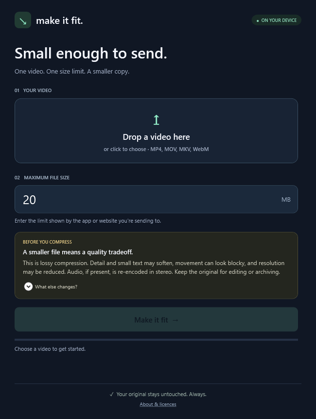 Make it fit app: drop a video, enter a size limit in MB, then click Make it fit.